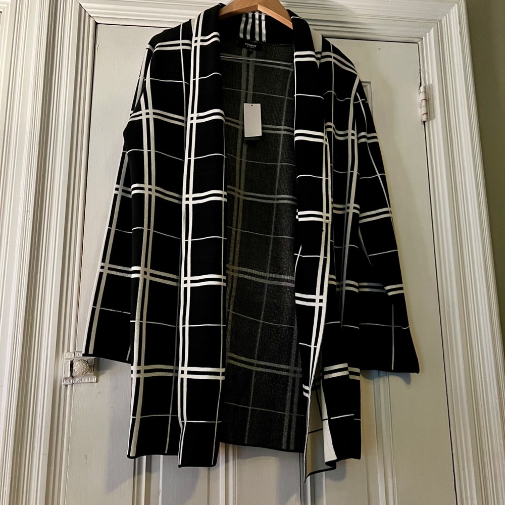 Premise Studio Black and White Plaid open front knitted cardigan NWT